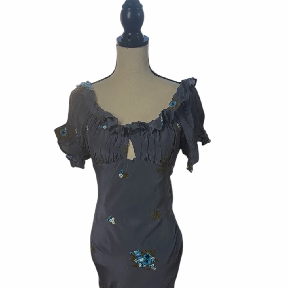 New Free People Bali Santa Cruz Ruffle Blue Floral Embroidered Maxi Dress M - Picture 6 of 16